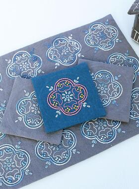 窗花茶席刺子绣材料包灰色湖蓝色手工解闷自绣隔热垫茶道22*30cm