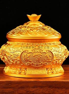 20cm家用黄铜聚宝盆带盖子3D立体龙头开盖元宝聚宝盆金色纯铜摆件