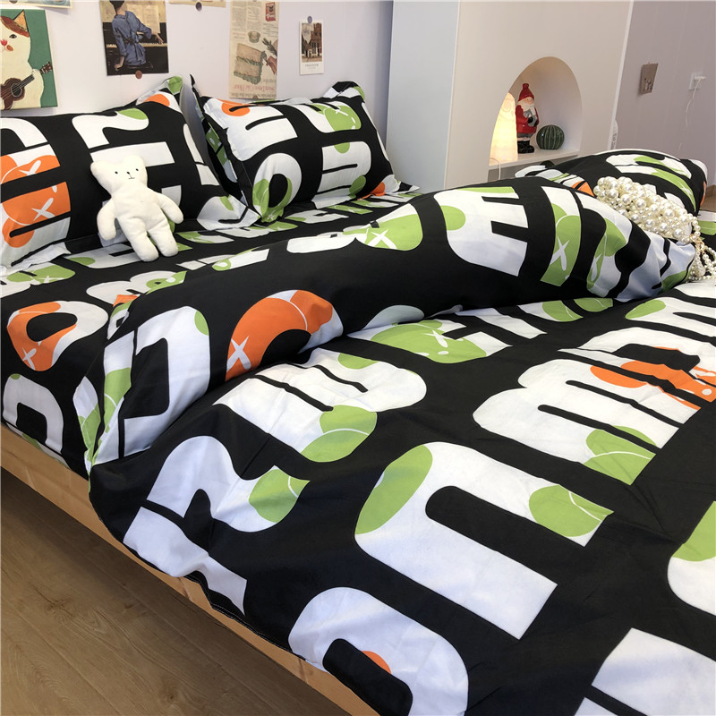 学院风黑色字母床上用品四件套床单被套K单人宿舍三件套男生被罩