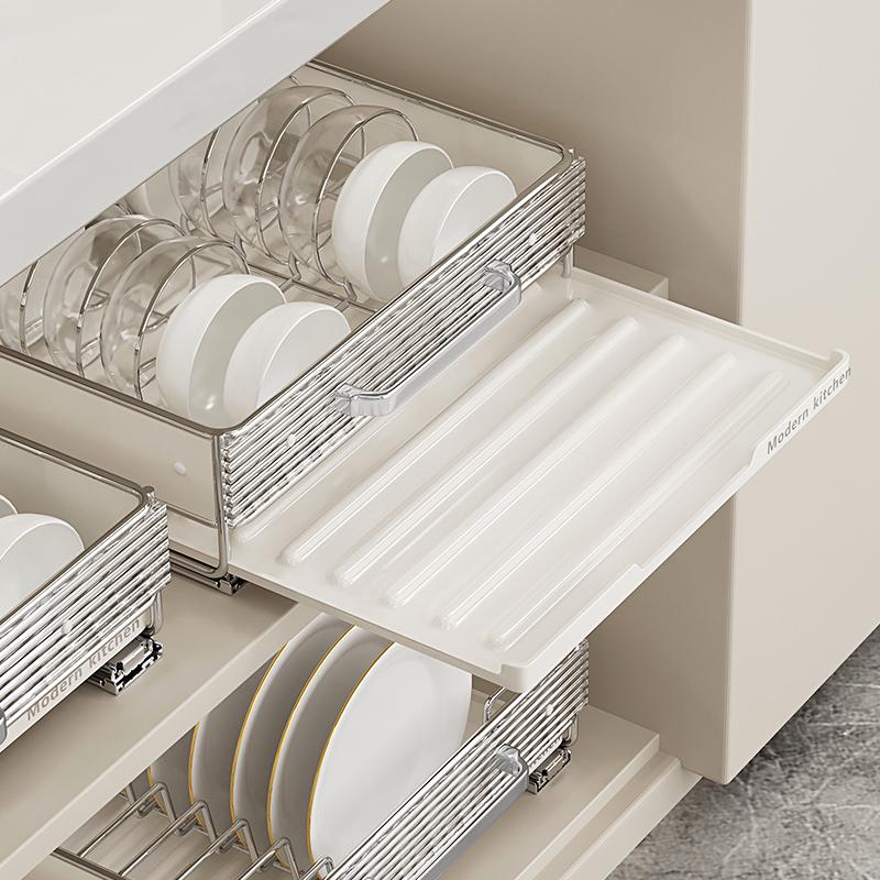 厨房碗碟收纳架沥水碗架子u橱柜内置抽拉式分层碗篮拉篮碗盘置物
