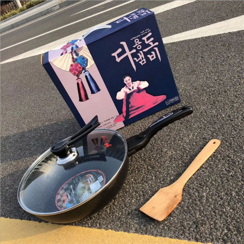 韩式麦饭石锅铸铁不粘炒锅无油烟平底不沾锅压铸真空养生炒锅内贸