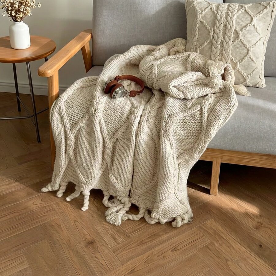 小众手工编织棒针粗毛线麻花北欧流苏ins毛毯卧室盖毯沙发毯毛毯