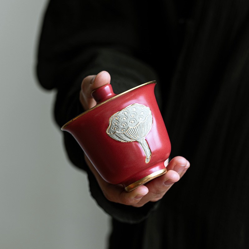宫墙红莲生吉祥盖碗托盘复古描金莲蓬粗陶泡R茶碗壶承功夫茶具