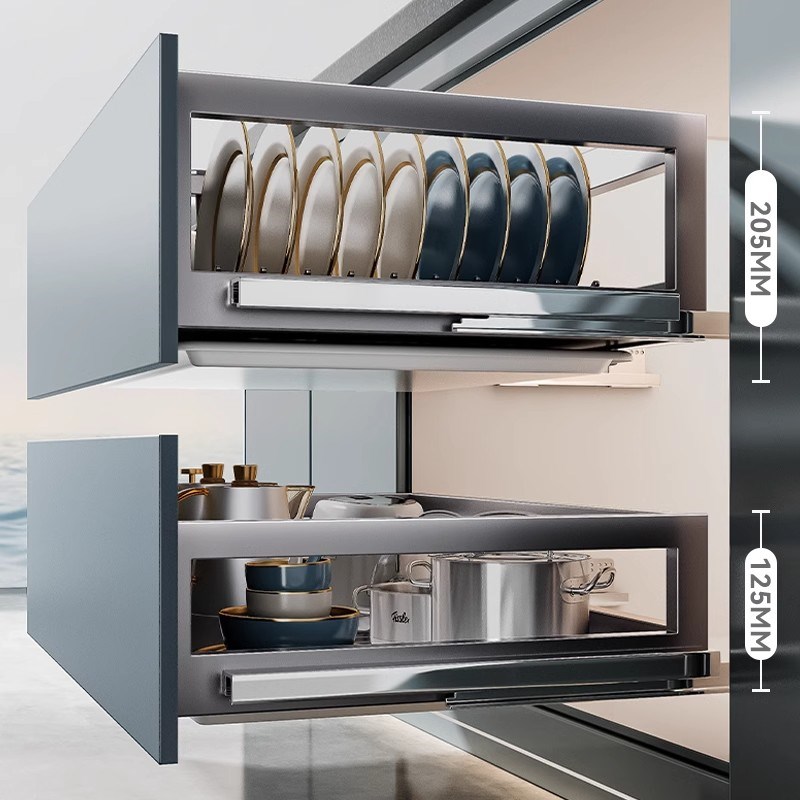 德国家用拉篮厨房橱柜304不锈钢碗碟碗篮双层橱柜抽屉式调味篮