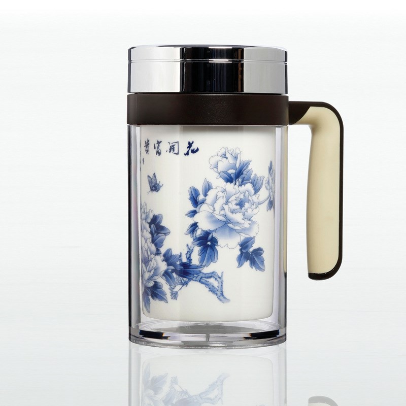 陶瓷内胆PC保温办公礼品青花瓷杯 定制380ML同学聚会礼品