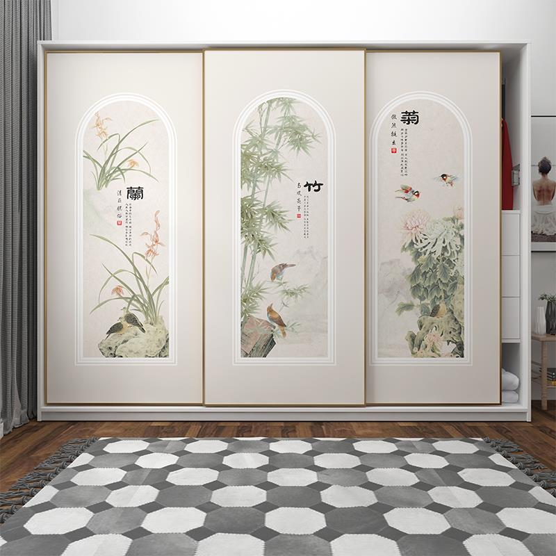 中式梅兰竹菊花鸟图卧室衣柜推拉门贴纸玻璃移门改色贴膜防水防潮