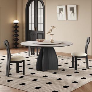 法式实木餐桌家用黑色圆形带转盘意式现代简约纯白覆古岩板圆桌