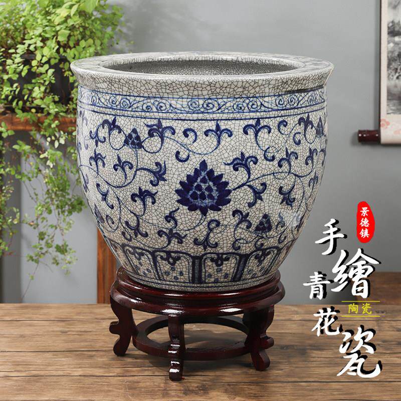 青花瓷裂纹釉大花盆陶瓷发财树盆景缸 中国风陶瓷花盆养鱼缸