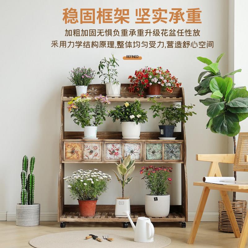 阳台花架子客厅落地式创意新款带轮可移动实木多层阶梯花架置物架