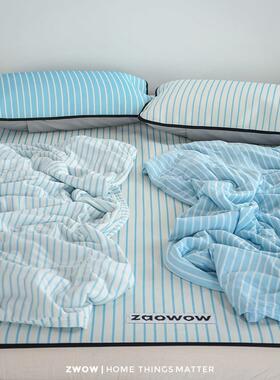 造卧zwow覆古蓝色条纹夏季凉感冰丝凉席凉被三件套薄被子软席床垫