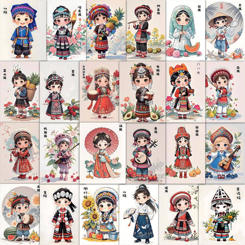 180张民族服饰贴纸创意卡通女孩儿童装饰小图案手账行李箱贴画di