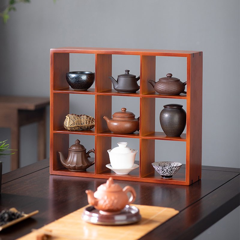 恬梦家居新中式桌面博古架茶室茶具收纳架实木展示格子架置物架