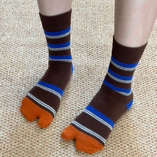 tabi女孩咖色分趾袜女春秋条纹百搭纯棉中筒袜ins猪蹄袜2指袜长袜