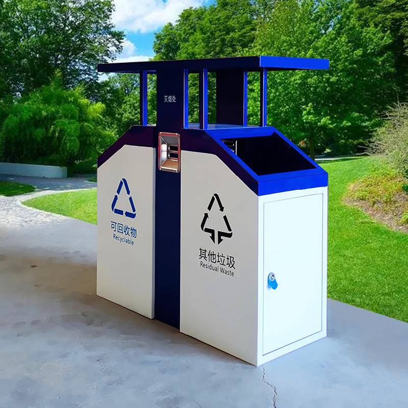 公园户外垃圾桶创意款蓝白双拼色景区果皮箱大容量不锈钢垃圾桶