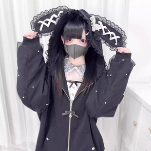 日单蕾服量产型lizlisa风格 饰秋冬外套 甜美少女兔耳朵连帽珍珠装