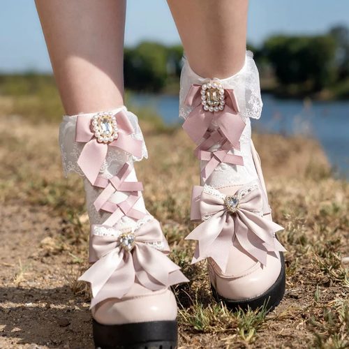 日本原单蕾系袜日系lizlisa风格量产型方钻宝石蝴蝶结蕾丝花边袜