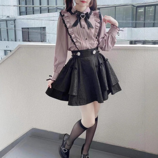 日单蕾系rojota风格日系黑粉荷叶边娃娃领女蝴蝶结领结衬衫上衣