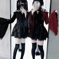 Japanese single lace-style mass-produced lace-style dress, SC style girl's sleeve lace cross off-the-shoulder black and red shirt top thumbnail 4