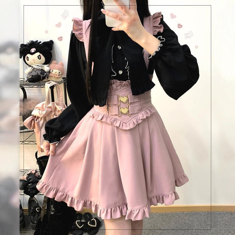 日本原单lizlisa蕾服春秋蕾丝花边蝴蝶结镂空袖衬衫背带蕾蕾短裙