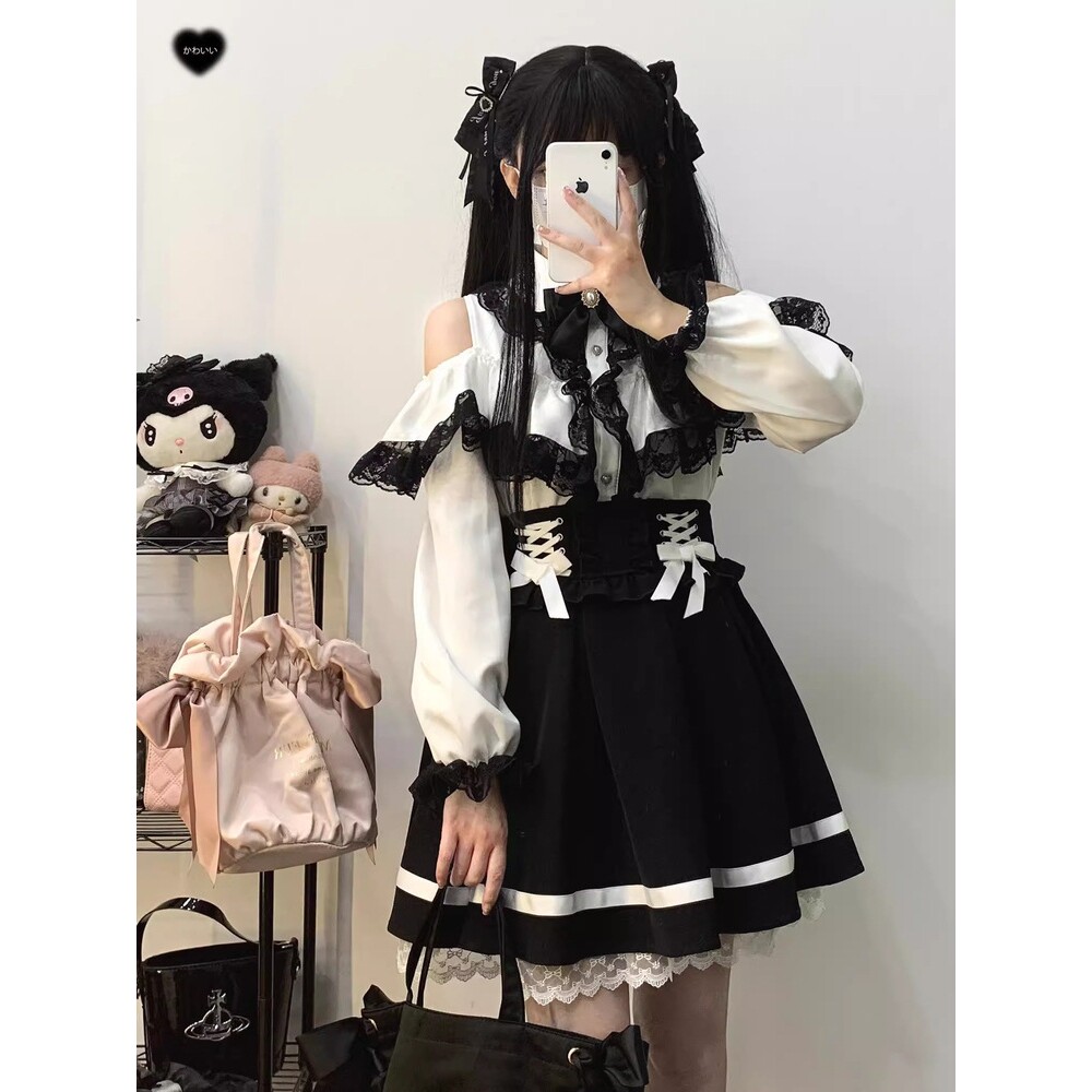 日本原单lizlisa蕾服日系蝴蝶结甜美蕾丝花边露肩长袖衬衫量产型