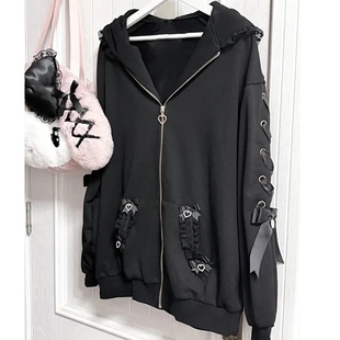 日单蕾系量产型liz甜美少女兔耳蕾丝连帽卫衣蕾服外套亚文化上衣