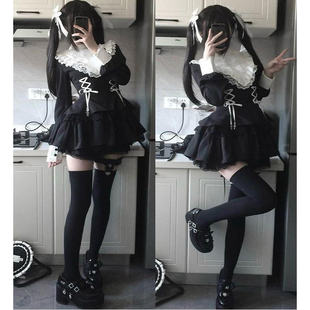 日单蕾系量产型SC风格蕾服哥特绑带收腰蕾丝拼接连衣裙短裤套装