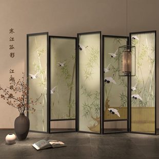 竹林仙鹤屏风隔断墙客厅茶室实木折叠栅栏移动折屏 宋氏美学新中式