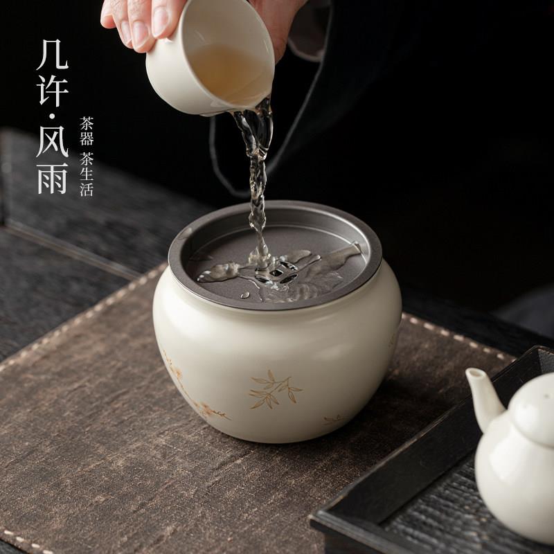 定窑功夫茶具茶洗家用废水缸茶道配件茶渣缸烫金四君子笔洗小建水