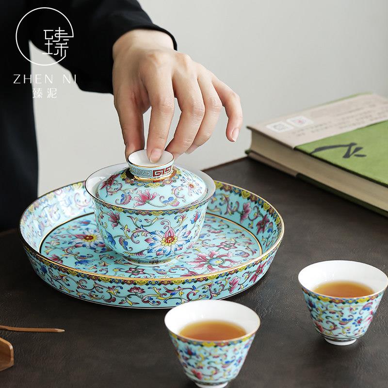 臻泥珐瑯彩干泡盘家用圆形陶瓷茶盘茶点水果盘功夫茶具茶壶垫托盘