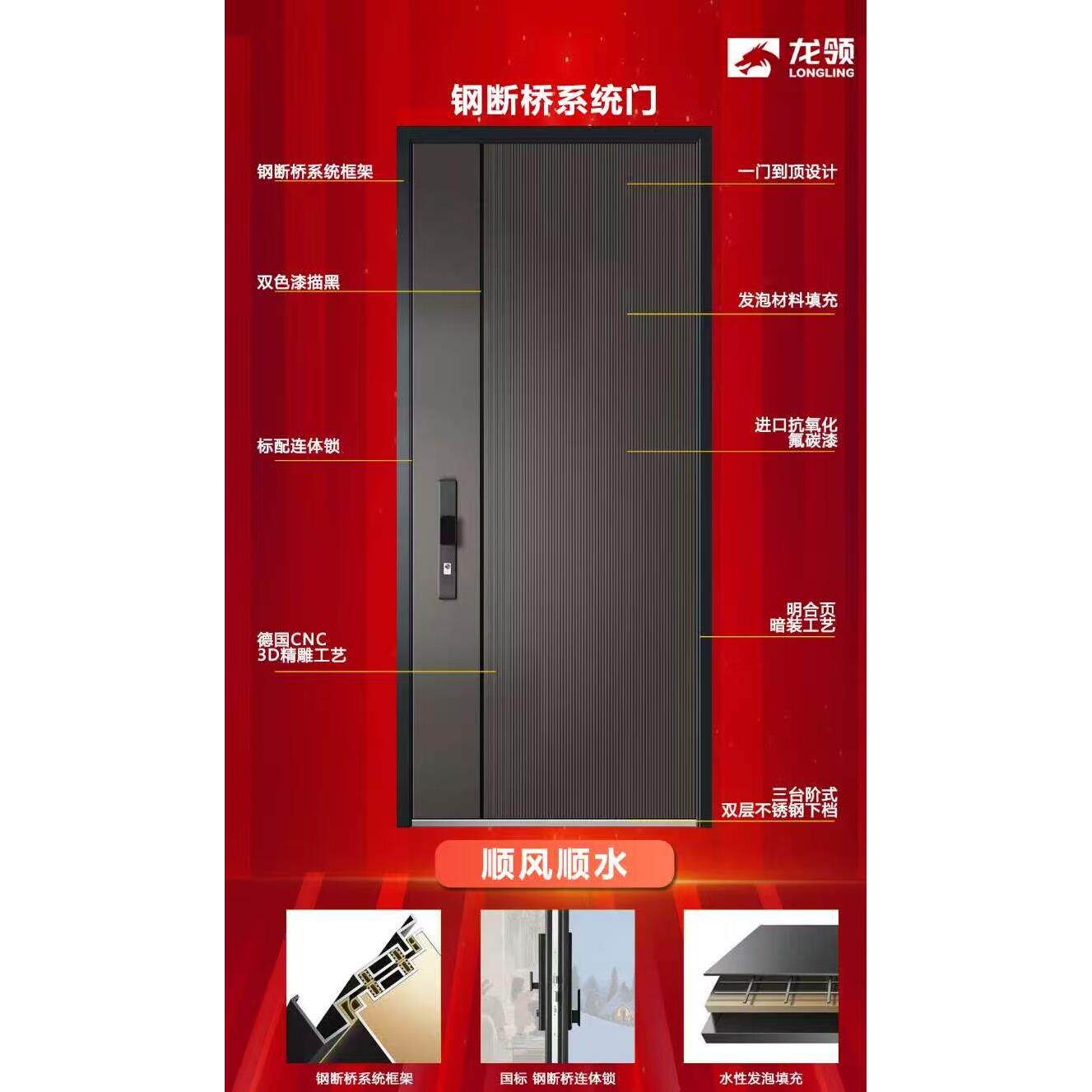 龙岭刚断桥发泡填充小缝工艺甲级防盗门搭配同款3D人脸指纹锁