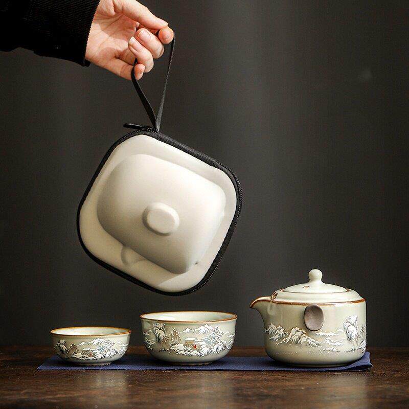 颜荣聪汝窑快客杯旅行茶具套组可携式一壶二杯子户外露营功夫茶具