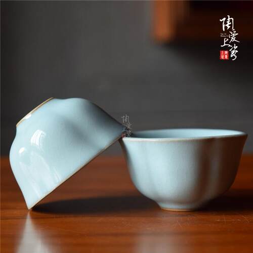 玉松汝瓷天青釉品茗杯汝窑主人杯功夫茶杯开片梅花杯 敞口杯 杯托