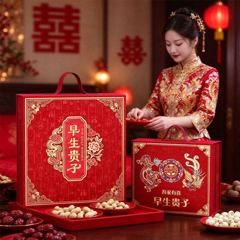 订婚摆台喜庆摆件创意结婚手提四宫格盒早生贵子模具果盘干果组合