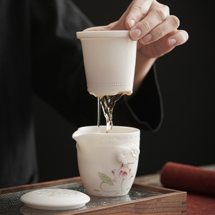 快客杯便携包户外阳台泡茶 唐舍国风手绘荷花羊脂玉瓷旅行茶具套装
