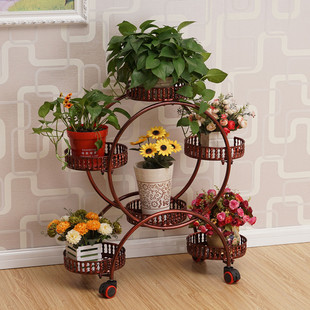 欧式带轮铁艺花架多层组装转角客厅简约田园盆景架移动置物架阳台