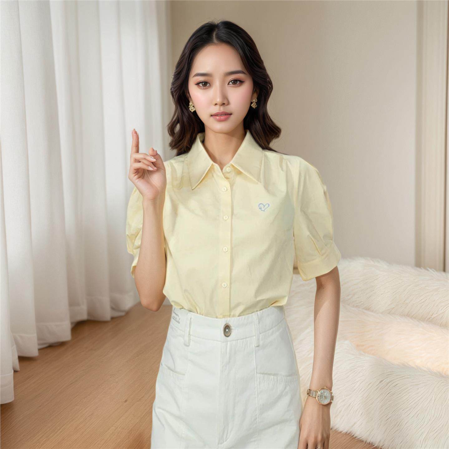 【欧若智性风】法式纯棉田园刺绣短袖白衬衣夏季高级感舒适衬衫女