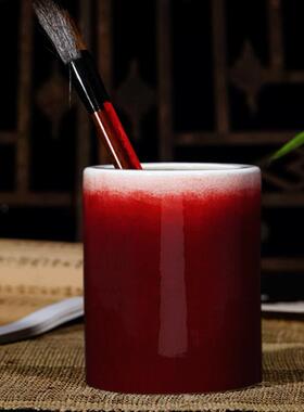 景德镇陶瓷器仿古郎红釉笔筒时尚办公室书房装饰摆件教师礼品大号