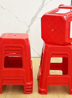 红色塑料凳子家用加厚熟料农村酒席红高凳特厚商用胶凳圆凳塑料椅