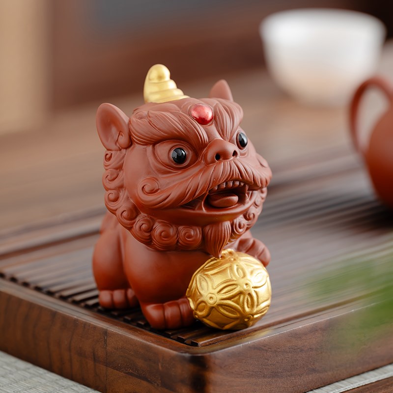 缘宿喜庆醒狮紫砂茶宠摆件精品可养招财茶玩茶桌桌面装饰定制logo