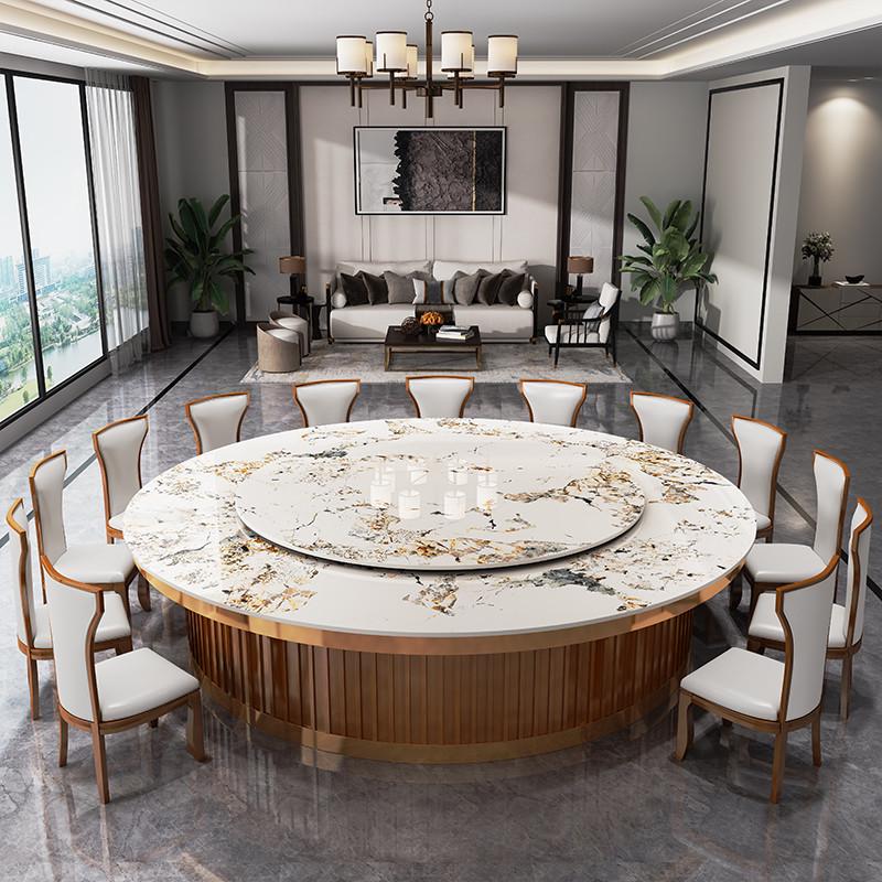 酒店岩板电动餐桌椅20人新中式实木大圆桌饭店高端大理石吃饭桌子