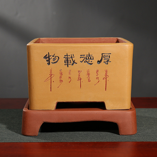 紫砂花盆透气四方兰花绿植盆室内带托盘君子兰陶瓷大号方口老桩盆