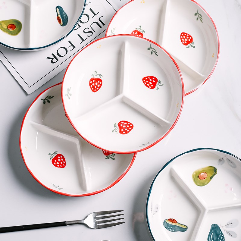 陶瓷三分格盘子早餐餐具分餐盘分隔盘家用水果盘多功能配菜盘儿童