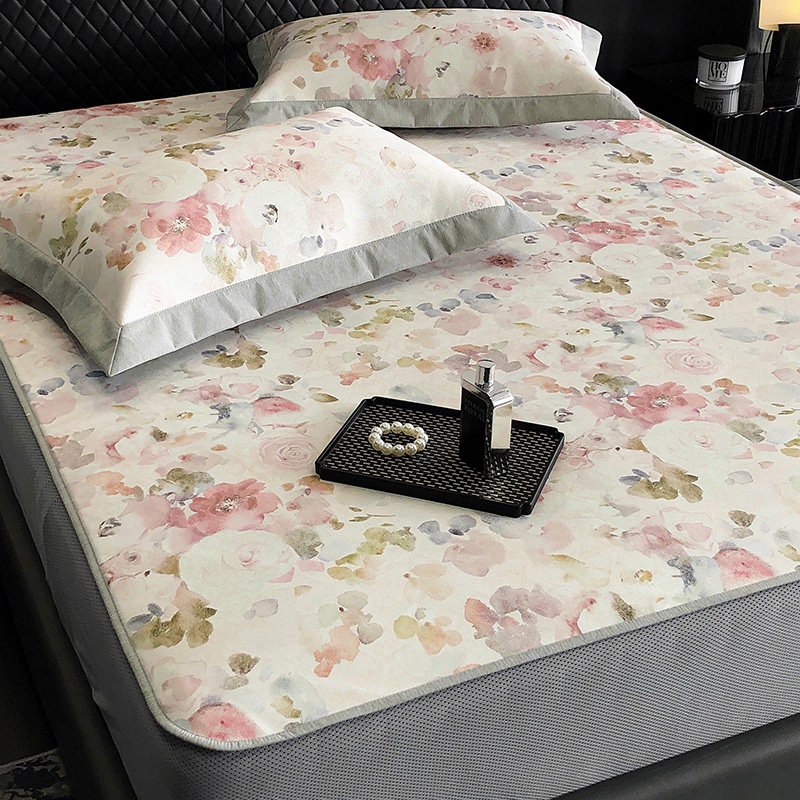 A类抗菌印花冰丝凉席三件套可折叠水洗夏季高级空调软席子床笠款