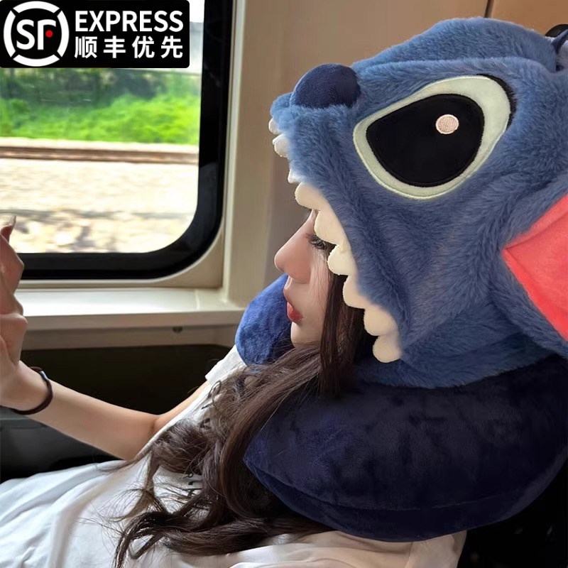可爱史迪仔u型枕连帽旅行便携睡觉专用长途护颈椎脖子办公室u形枕