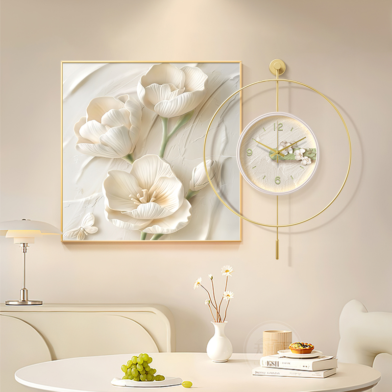 奶油风立体浮雕花卉餐厅挂钟装饰画钟表挂墙画客厅时钟肌理感壁画图片