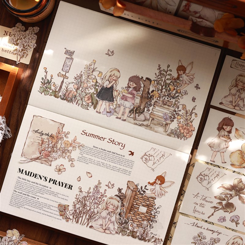 小白家文创7月新品【春迹】轻复古可爱绘本风人物花U卉和纸PET手