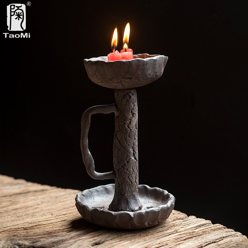 陶迷纯手工捏制粗陶烛台家用复古家居摆K件陶瓷手柄蜡烛台装饰品