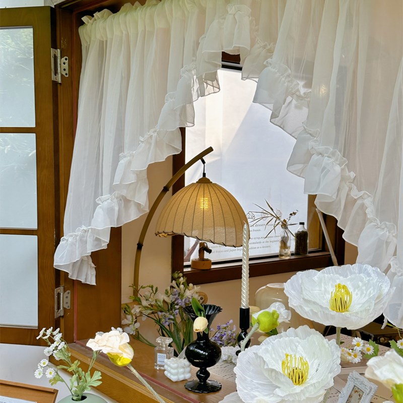 法式浪漫超仙奶油风压褶纱公主风白色纱J帘半帘门帘飘窗帘头装饰