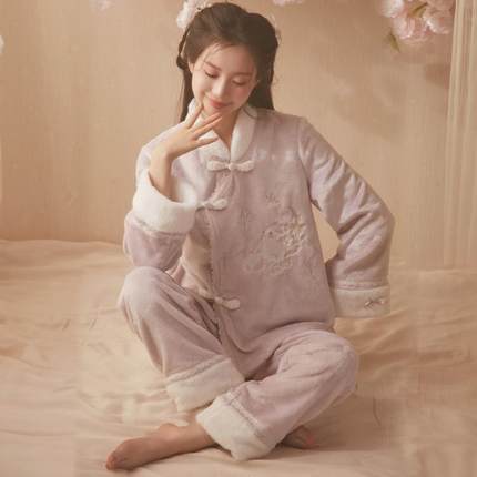 2025新款珊瑚海岛绒睡衣女款秋冬季国风汉服加绒加厚家居服套装冬