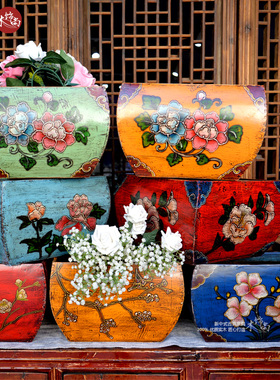 实木米斗手绘花摆件升子装饰花器中式仿复古做旧日进斗金招财好运